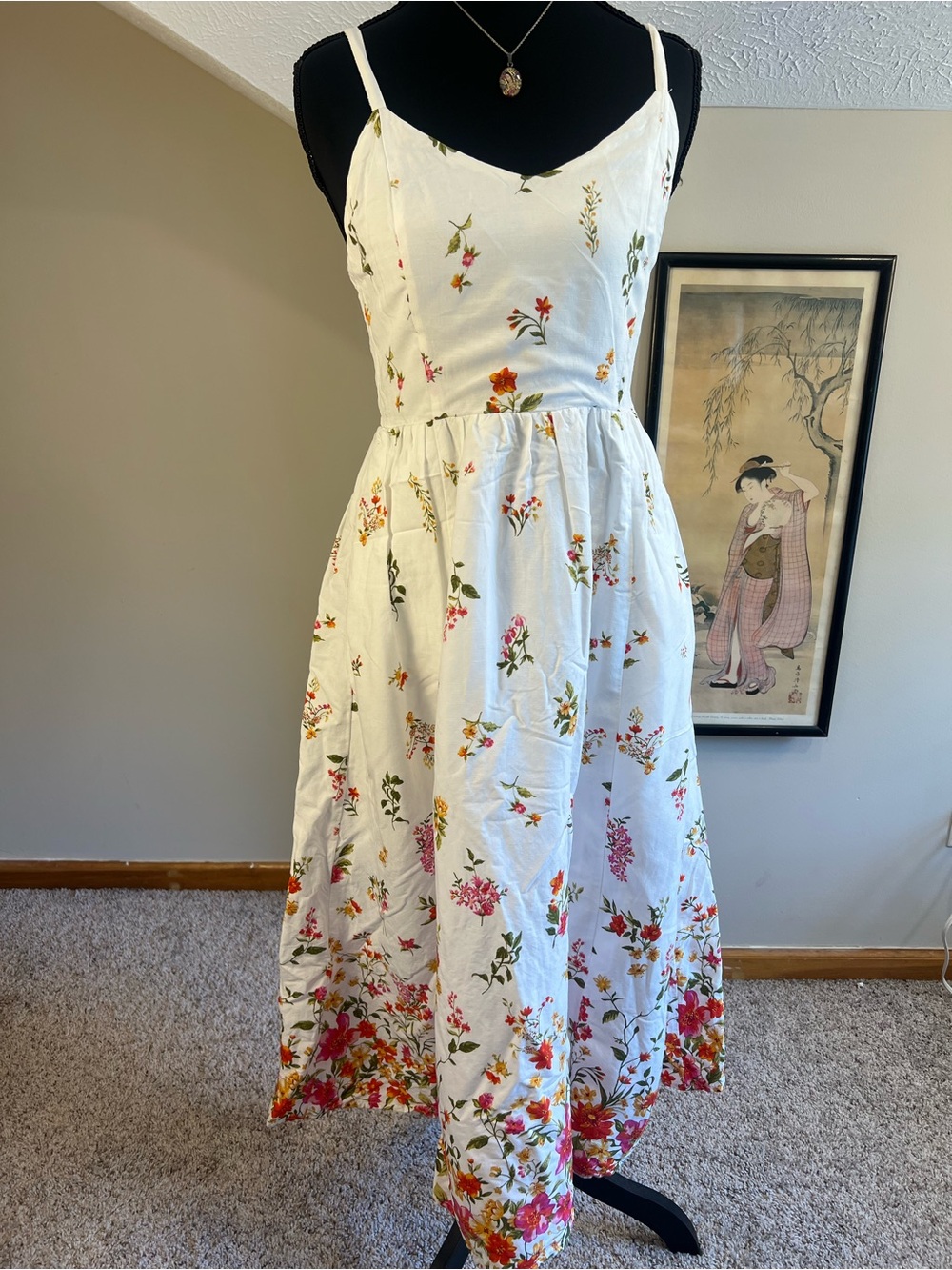 Skies Are Blue Maxi Floral Dress Women's S Smocked VNeck Linen Blend Cottagecore